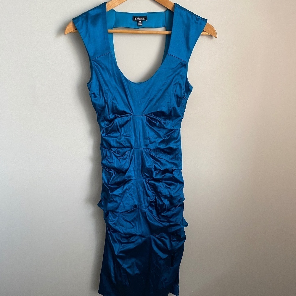 Le‎ Chateau Shiny Teal Sleeveless Open Back Ruffled Pencil Dress Size Small